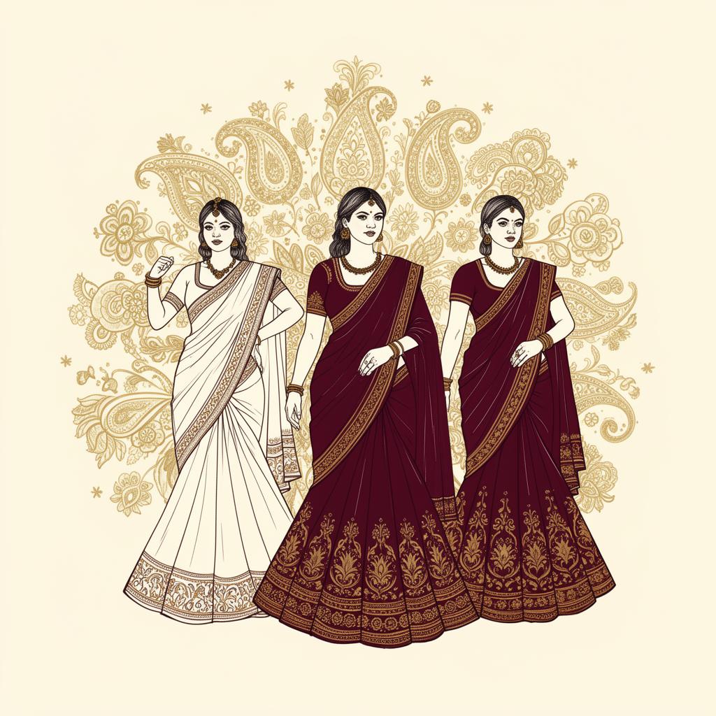 Three women in saris in front of a paisley mandala